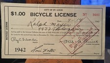 Vintage 1942 City of St. Louis Bicycle License - to Operate Bicycle WWII Era picture