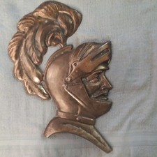 vintage  copper metal knight helmet wall  plaque  picture