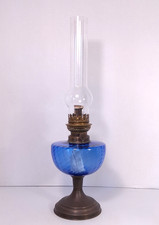 Vintage Gaudard France Chimney Oil Lamp Blue Diamond Quilt Glass Brass 19.5