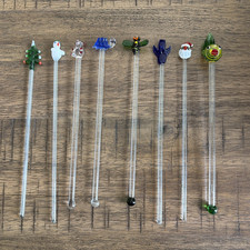 Vintage MCM Hand Blown Art Glass Swizzle Sticks Set of 8 Holiday Turtle Fish picture