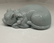 Vtg Japanese Celadon Sleeping Cat Figurine Nemuri Neko Porcelain Japan 7” MCM picture