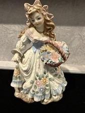 Girl Figurine Lefton Holding Basket of 3D Flowers Long Brown Hair Dress KW133C picture