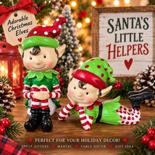 Christmas Elf Figurines Pair Shelf Sitters Red Green Polka Dot Holiday Decor picture