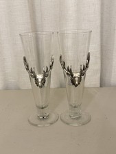 Vintage 1997 Arthur Court Elk Pilsner Glasses Set of 2 Stag Head Antler Beer 9” picture