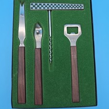 Vintage 60s YAX Bar Set 4 pieces Stainless Steel, Teak Wood, Checker Flag Series picture