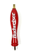Vtg Red Budweiser Beer Tap Handle 12” White Script Threaded Base Gold  picture