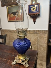 ANTIQUE OIL LAMP COBALT BLUE SATIN DRAPE VERY NICE picture