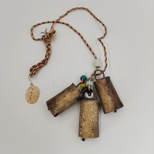 Vintage Rustic Harmony Cow Bells Cluster Set of 3 Brass Iron Boho Hanging Cord picture