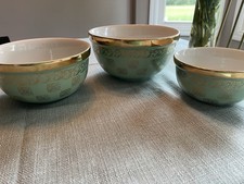 Vintage HALL CHINA 091GL Gold Label Medallion Green Gold 3 Pc Nesting Bowl Set picture