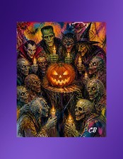 Classic Monsters Halloween Gathering ACEO Giclee | Halloween Hollow Folk Art picture