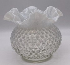 Vintage Fenton Opalescent Moonstone Hobnail Ruffled Rose Bowl Vase 5.5