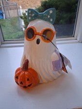 Ghoulish Light Up Ghost With Blue Bow Holding  Purple Purse w/ Pimpkin LED NWT picture