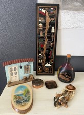 Lot Of 7 Vintage Souvenirs Chile Leather Decanter - Copper Hand Painted Plaque ￼ picture