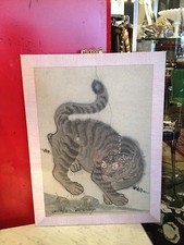Vintage Possibly Antique Chinese Hand Colored Print of Snow Leopard w/ Mushrooms picture
