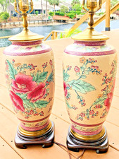 Vintage Pair 2 Floral Porcelain Table Lamps Asian Chinoiserie Ginger Jar Wooden picture