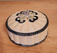 Majolica Ceramic Trinket Box with Basket Weave Design and Blue Flower picture