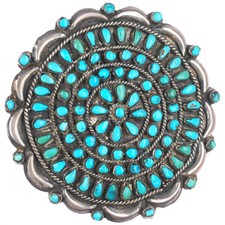 c1940's Big Zuni repousse sterling silver petit point turquoise pin/brooch picture