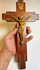 Antique French Art Deco Crucifix Hardwood Metal Inlay Jesus Cross c1930 1930s picture