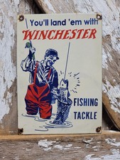 VINTAGE WINCHESTER PORCELAIN SIGN OLD FISHING TACKLE BAIT FIREARM GUN AMMO STORE picture
