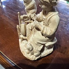 Vintage Heinzeller Wood Carving Girl Spinning Wheel German Artisan Folk Art 4.5