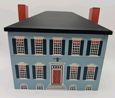 Vintage 1984 Windfield Designs Wooden House Recipe Box Georgian Colonial Blue picture