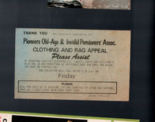MEMORABILIA ,PAPER ,PIONEERS & PENSIONERS ASSOC.CLOTHING & RAG APPEAL , CARD picture