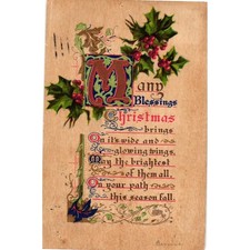 Antique 1909 Christmas Postcard Embossed Holly Berries Chicago Postmark 1c Stamp picture