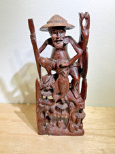 Vintage Hand-Carved Wood Fisherman with Fish Stringer | Detailed & Ornate Design picture