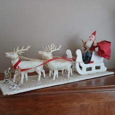 Vtg Santa Sleigh Reindeer Clay Face Brush Trees Spun Cotton Celluloid Japan 12 