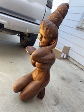 Vintage Solid Wood Hand Carved Lady Statue picture