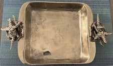 VTG Polished Pewter Lasagna Pan square starfish seashell handles 11