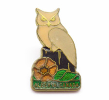 Alberta Canada Pin Owl Wild Rose Lapel AN Edmonton Great Horned Vintage picture