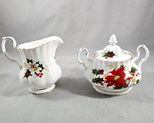Royal Albert Poinsettia Sugar Bowl w/ Lid and Creamer Set Bone China Christmas picture