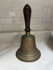 Vintage/Antique School Hand Held Brass Bell Wooden Handle Loud Ring 10.5 inches  picture