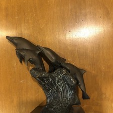 Vintage RARE, SPI Bronze 4-Dolphin Riding Ocean Wave Sculpture Figurine picture