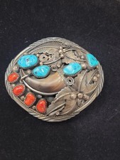 VTG Navajo Sterling Silver Bear Claw Belt Buckle Turquoise Coral 6.93 Grams picture