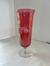 Etched Floral Flashed Glass Cranberry Glass Vase 10