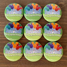 9pc Vintage Disney World I’m Celebrating Balloon Button Pins Lot of 9 picture