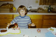 c1970's Kodachrome 35mm Slide, Mid Century Kitchen Birthday Cake Boy Family picture