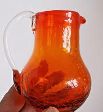 Vintage Miniature Pitcher Creamer Blown Crackle Glass Orange 4 inches High picture