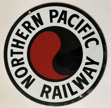 Vintage Northern Pacific Railway Enamel Porcelain Train Metal Advertising Sign picture