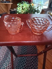 Vintage Jeannette Pink Depression Glass Cube/Cubist Sugar and Creamer Set # 1960 picture