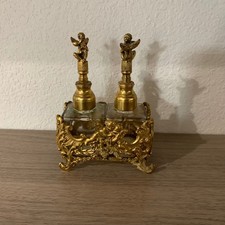 Vintage Globe 24KT Gold Plated Cherub Perfume Bottle Set Ornate Filigree Caddy picture