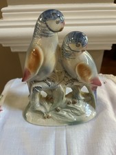 Porcelain Budgerigar Parakeet Bird Figurine Pair Blue & Yellow Collectible picture