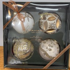 Tahari Home Set 4 Gold/Ivory Glitter Glass Christmas Ornaments Luxury 3.5