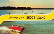 BOATING ON LAKE WITH PIER GREETINGS POSTCARD RI RHODE ISLAND 1970s picture