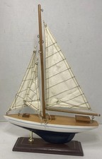 Wooden Ship Sailboat Model Display on Stand with White Sails Decor 14” Tall picture