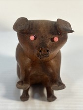 Vintage Wooden Pig With Pink Common Pin Eyes Solid Wood Hand-Carved Figure . picture