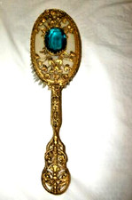 Antique Apollo Ormolu Filigree Jeweled Vanity Hairbrush Bronze Aqua Stone RARE picture