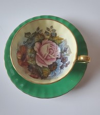 Aynsley Green Cabbage Rose Teacup Saucer Signed J.A. Bailey Vintage England Fine picture